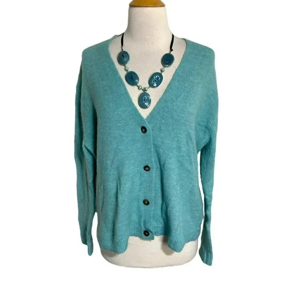 Old Navy Cardigan Sweater Medium Teal Blue Button Front V-Neck Soft Knit